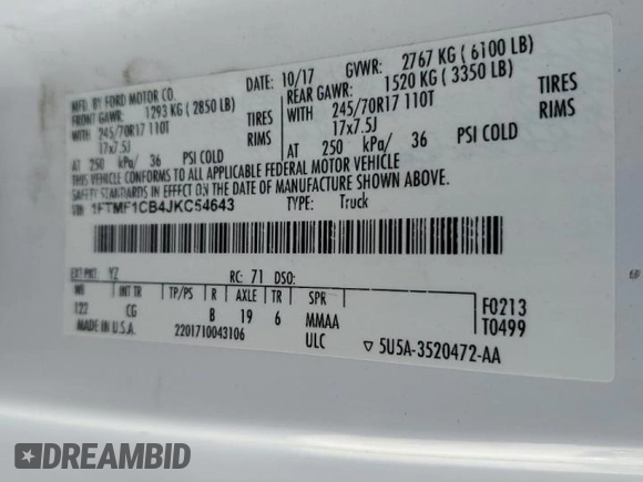 2018 Ford F-150 XL with VIN 1FTMF1CB4JKC54643, listed as a Copart auction lot 44775385 with 125,841 mi miles and Salvage Title. Bid and sale history available at carsss.com. Image 14.