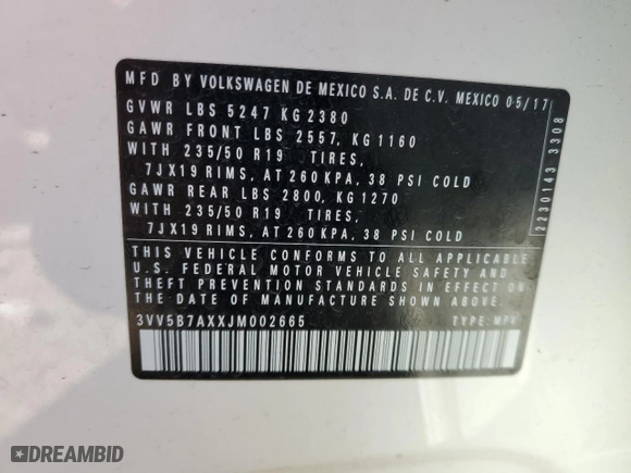 2018 Volkswagen Tiguan SEL Premium with VIN 3VV5B7AXXJM002665, listed as a Copart auction lot 74933064 with 70,486 mi miles and Salvage Title. Bid and sale history available at carsss.com. Image 15.
