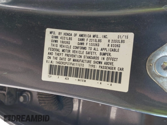 2015 Honda Accord Sport with VIN 1HGCR2F57FA111070, listed as a IAAI auction lot 41839122 with 151,985 mi miles and . Bid and sale history available at DreamBid. Image 9.