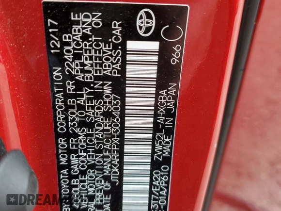 2017 Toyota Prius Plus with VIN JTDKARFPXH3064037, listed as a Copart auction lot 60490325 with 75,156 mi miles and Salvage title. Bid and sale history available at DreamBid. Image 13.
