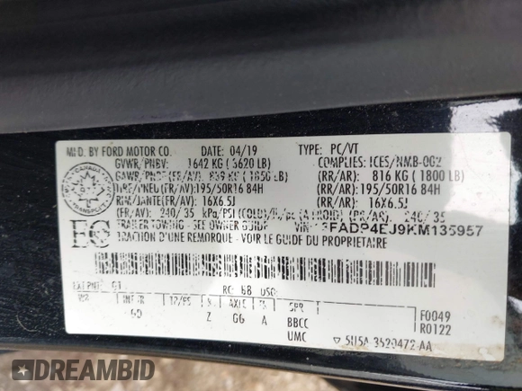 2019 Ford Fiesta SE with VIN 3FADP4EJ9KM135957, listed as a IAAI auction lot 42279365 with 170,696 mi miles and . Bid and sale history available at DreamBid. Image 9.
