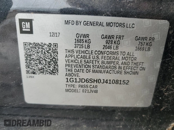 2018 Chevrolet Sonic LT z VIN 1G1JD6SH0J4108152, wystawiony jako Copart lot #55585585 z przebiegiem 42 040 mil mil oraz Szkoda całkowita • Salvage title. Historia ofert i sprzedaży dostępna na DreamBid. Obrazek 12.
