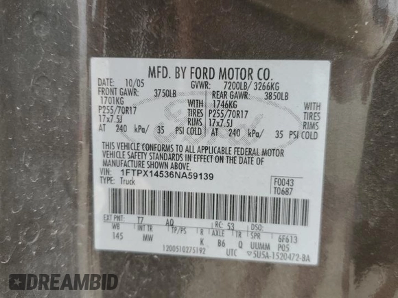 2006 Ford F-150 XLT with VIN 1FTPX14536NA59139, listed as a Copart auction lot 85253324 with 232,368 mi miles and Salvage title. Bid and sale history available at DreamBid. Image 13.