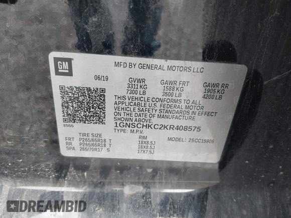2019 Chevrolet Suburban LT with VIN 1GNSCHKC2KR408575, listed as a IAAI auction lot 42060103 with 144,838 mi miles and . Bid and sale history available at DreamBid. Image 9.