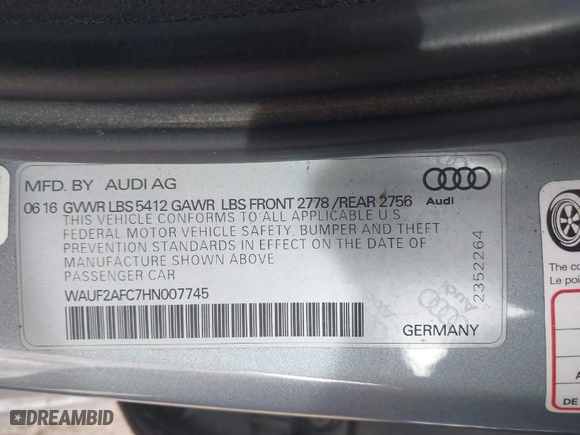 2017 Audi A6 Premium Plus with VIN WAUF2AFC7HN007745, listed as a IAAI auction lot 41647523 with 119,837 mi miles. Bid and sale history available at carsss.com. Image 9.