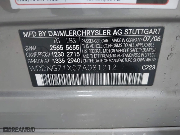2007 Mercedes-Benz S-Class 5.5L V8 with VIN WDDNG71X07A081212, listed as a IAAI auction lot 41971565 with 166,904 mi miles. Bid and sale history available at carsss.com. Image 9.