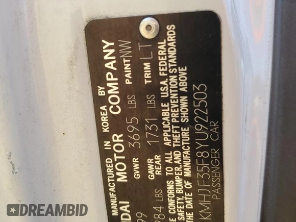 2000 Hyundai Elantra GLS with VIN KMHJF35F8YU922503, listed as a Copart auction lot 71063234 with 209,706 mi miles and Clean title. Bid and sale history available at DreamBid. Image 12.