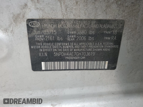 2016 Hyundai Elantra SE with VIN 5NPDH4AE7GH703619, listed as a Copart auction lot 53146755 with Not provided miles and Salvage title. Bid and sale history available at DreamBid. Image 12.