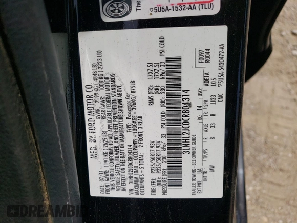 2012 Lincoln MKZ with VIN 3LNHL2JC0CR804314, listed as a Copart auction lot 60890755 with 81,715 mi miles and Salvage title. Bid and sale history available at DreamBid. Image 12.