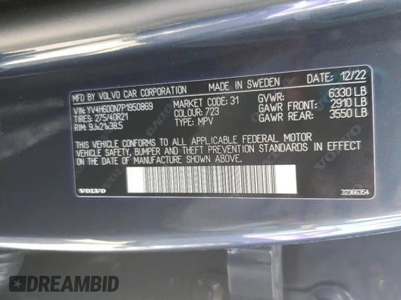 2023 Volvo XC90 Plus с VIN YV4H600N7P1950869, выставлен на аукционе Copart как лот 60620654 с пробегом 12 510 миль миль и На запчасти • Non repairable. История ставок и продаж доступна на DreamBid. Изображение 16.