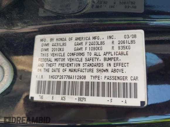 2008 Honda Accord EX with VIN 1HGCP26778A112908, listed as a IAAI auction lot 41756750 with 195,399 mi miles and . Bid and sale history available at DreamBid. Image 9.