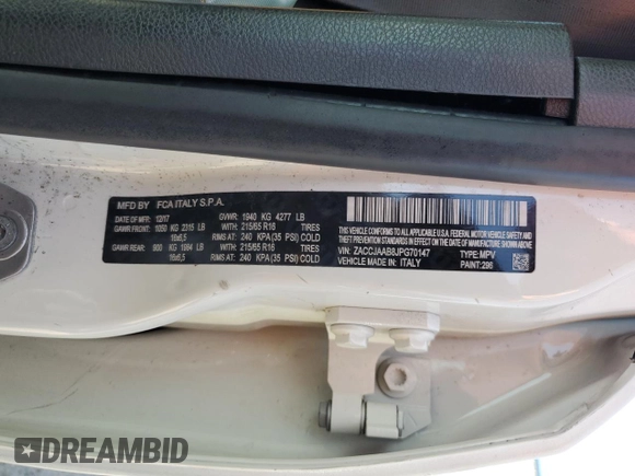 2018 Jeep Renegade Sport with VIN ZACCJAAB8JPG70147, listed as a Copart auction lot 52052215 with 60,821 mi miles and Salvage title. Bid and sale history available at DreamBid. Image 13.