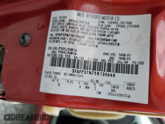 2005 Ford Focus S with VIN 3FAFP37N75R130668, listed as a Copart auction lot 52897015 with 222,043 mi miles and Non repairable. Bid and sale history available at DreamBid. Image 12.