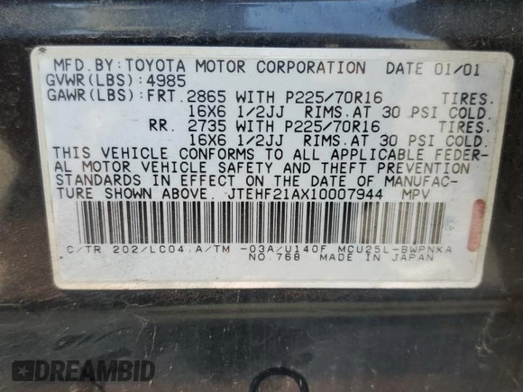 2001 Toyota Highlander with VIN JTEHF21AX10007944, listed as a Copart auction lot 60095505 with 296,404 mi miles and Clean title. Bid and sale history available at DreamBid. Image 13.