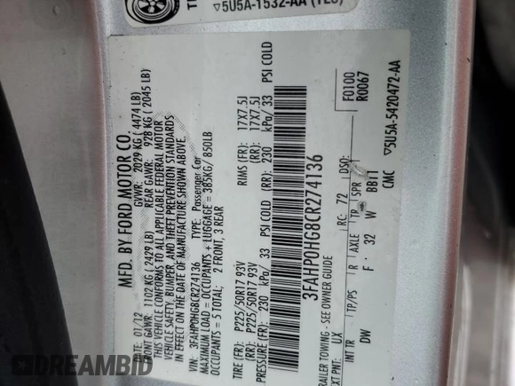 2012 Ford Fusion SE with VIN 3FAHP0HG8CR274136, listed as a Copart auction lot 46167375 with 155,470 mi miles and Salvage Title. Bid and sale history available at DreamBid. Image 12.