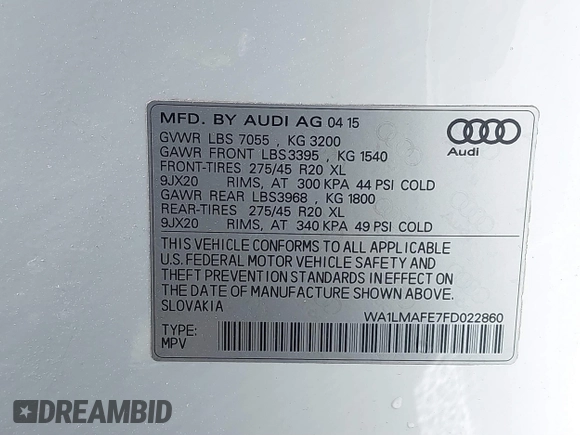 2015 Audi Q7 Premium Plus with VIN WA1LMAFE7FD022860, listed as a IAAI auction lot 41642235 with 202,624 mi miles and . Bid and sale history available at DreamBid. Image 9.