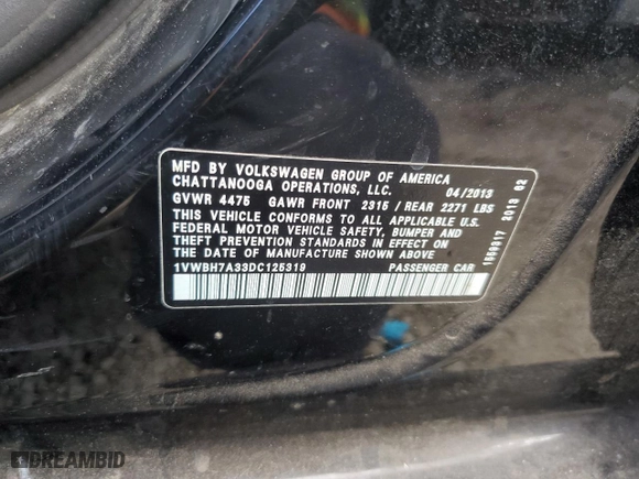 2013 Volkswagen Passat SE w/Sunroof with VIN 1VWBH7A33DC125319, listed as a Copart auction lot 44642515 with 175,704 mi miles and Clean Title. Bid and sale history available at carsss.com. Image 12.