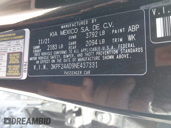 2022 Kia Forte LXS z VIN 3KPF24AD9NE437331, wystawiony jako IAAI lot #41875582 z przebiegiem 41 171 mil mil oraz . Historia ofert i sprzedaży dostępna na DreamBid. Obrazek 9.
