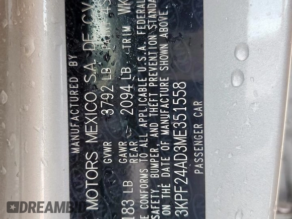 2021 Kia Forte FE с VIN 3KPF24AD3ME351558, выставлен на аукционе Copart как лот 50867695 с пробегом 61 645 миль миль и Чистый • Clean title. История ставок и продаж доступна на DreamBid. Изображение 12.