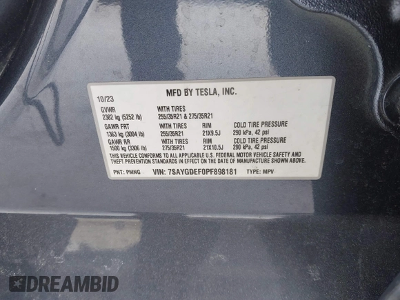 2023 Tesla Model Y Performance with VIN 7SAYGDEF0PF898181, listed as a IAAI auction lot 41577666 with 19,051 mi miles and . Bid and sale history available at DreamBid. Image 9.