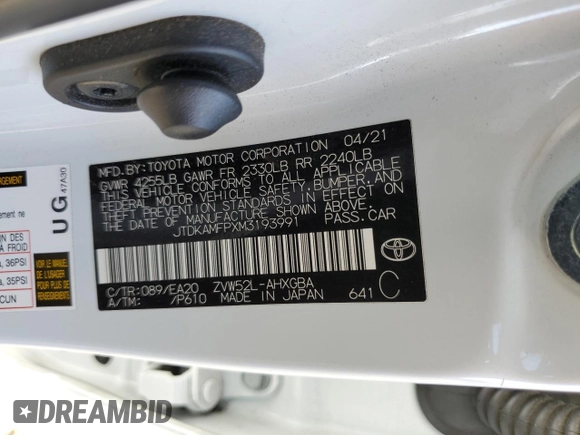2021 Toyota Prius LE with VIN JTDKAMFPXM3193991, listed as a Copart auction lot 61435725 with 78,322 mi miles and Salvage title. Bid and sale history available at DreamBid. Image 13.