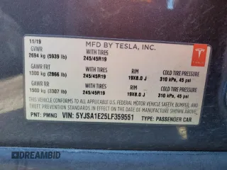 2020 Tesla Model S Long Range with VIN 5YJSA1E25LF359551, listed as a Copart auction lot 41495655 with Not provided miles and Clean title. Bid and sale history available at DreamBid. Image 14.