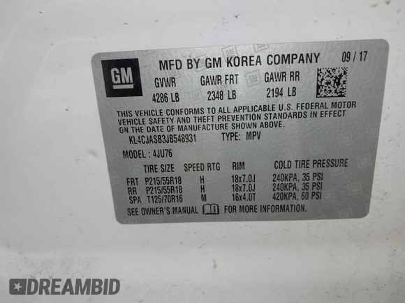 2018 Buick Encore Preferred with VIN KL4CJASB3JB548931, listed as a IAAI auction lot 41888684 with 41,323 mi miles. Bid and sale history available at carsss.com. Image 9.
