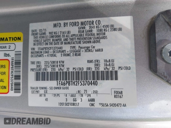 2015 Ford Mustang EcoBoost with VIN 1FA6P8TH2F5370440, listed as a IAAI auction lot 41939356 with 103,378 mi miles and . Bid and sale history available at carsss.com. Image 9.