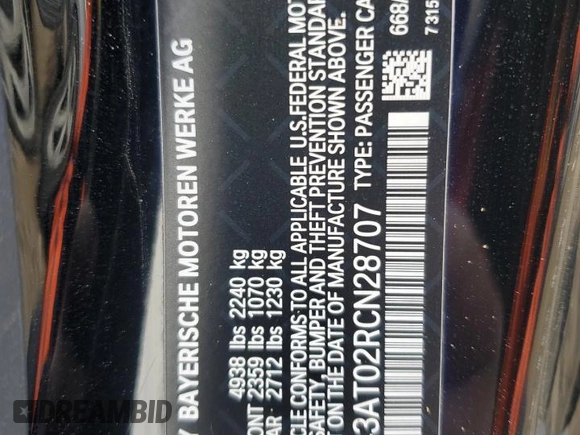 2024 BMW 4 Series 430i xDrive with VIN WBA43AT02RCN28707, listed as a Copart auction lot 84617304 with 0 mi miles and Salvage Title. Bid and sale history available at carsss.com. Image 12.