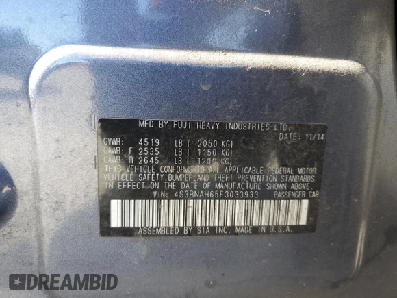 2015 Subaru Legacy Premium with VIN 4S3BNAH65F3033933, listed as a Copart auction lot 64865725 with 157,458 mi miles and Salvage title. Bid and sale history available at DreamBid. Image 12.