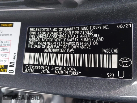 2021 Toyota C-HR LE with VIN NMTKHMBX0MR135693, listed as a IAAI auction lot 42071766 with 73,407 mi miles and . Bid and sale history available at DreamBid. Image 9.