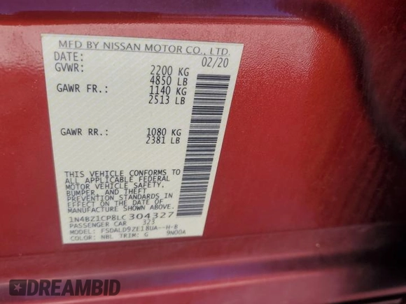 2020 Nissan LEAF SV Plus with VIN 1N4BZ1CP8LC304327, listed as a Copart auction lot 50620875 with 72,118 mi miles and Salvage Title. Bid and sale history available at DreamBid. Image 13.