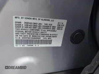 2016 Honda Pilot LX with VIN 5FNYF6H1XGB099987, listed as a IAAI auction lot 41556979 with 98,373 mi miles. Bid and sale history available at carsss.com. Image 9.