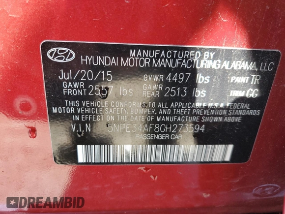 2016 Hyundai Sonata Sport with VIN 5NPE34AF8GH273594, listed as a Copart auction lot 46502205 with 32,719 mi miles and Salvage Title. Bid and sale history available at DreamBid. Image 12.