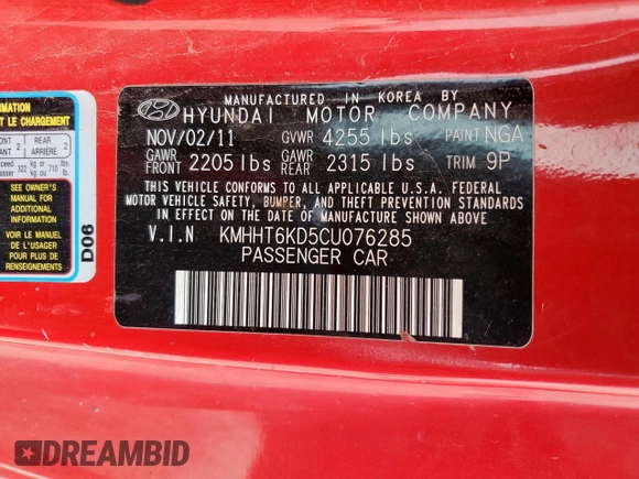 2012 Hyundai Genesis Coupe 2.0T with VIN KMHHT6KD5CU076285, listed as a Copart auction lot 59228515 with 156,070 mi miles and Clean title. Bid and sale history available at DreamBid. Image 12.