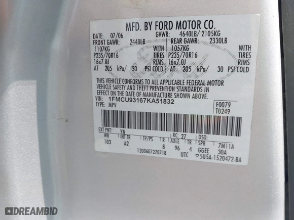 2007 Ford Escape XLT with VIN 1FMCU93167KA51832, listed as a IAAI auction lot 42115125 with 148,584 mi miles. Bid and sale history available at carsss.com. Image 9.