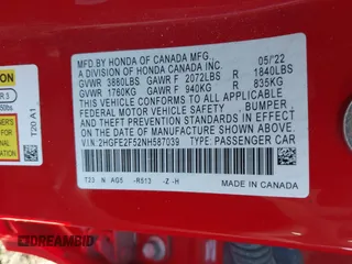2022 Honda Civic Sedan Sport with VIN 2HGFE2F52NH587039, listed as a IAAI auction lot 41362552 with 30,067 mi miles. Bid and sale history available at carsss.com. Image 9.