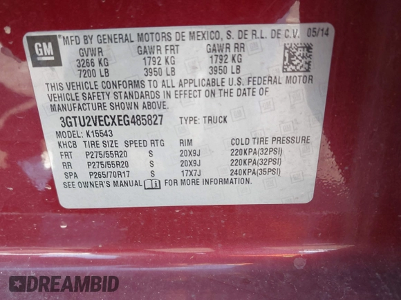 2014 GMC Sierra 1500 SLT with VIN 3GTU2VECXEG485827, listed as a IAAI auction lot 41976816 with 157,200 mi miles and . Bid and sale history available at DreamBid. Image 9.