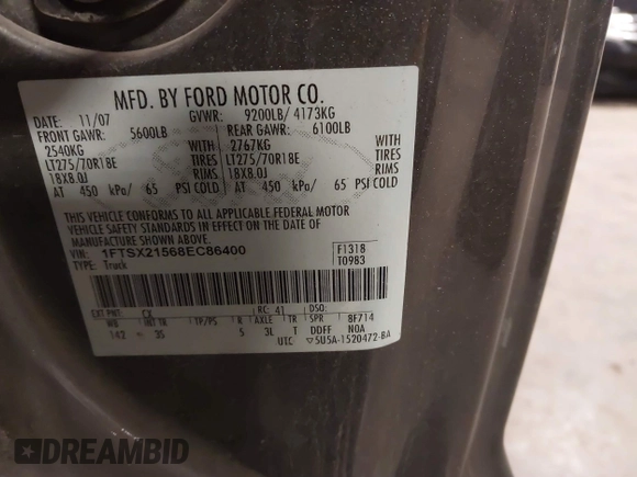 2008 Ford F-250 XL с VIN 1FTSX21568EC86400, выставлен на аукционе IAAI как лот 41674850 с пробегом 104 355 миль миль и . История ставок и продаж доступна на DreamBid. Изображение 9.