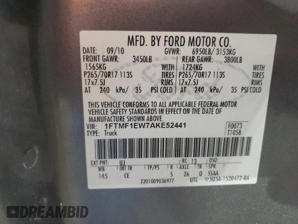 2010 Ford F-150 XL with VIN 1FTMF1EW7AKE52441, listed as a Copart auction lot 53297255 with 109,880 mi miles and Clean Title. Bid and sale history available at carsss.com. Image 12.