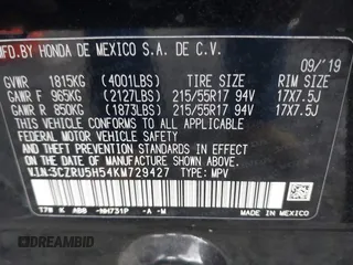 2019 Honda HR-V EX with VIN 3CZRU5H54KM729427, listed as a IAAI auction lot 41215958 with 81,957 mi miles. Bid and sale history available at carsss.com. Image 9.