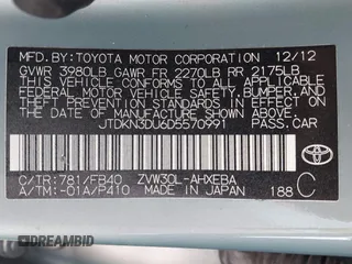 2013 Toyota Prius One z VIN JTDKN3DU6D5570991, wystawiony jako IAAI lot #41833654 z przebiegiem 179 628 mil mil oraz . Historia ofert i sprzedaży dostępna na DreamBid. Obrazek 9.