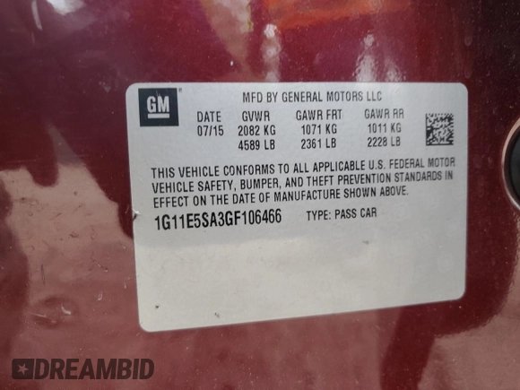 2016 Chevrolet Malibu LTZ with VIN 1G11E5SA3GF106466, listed as a Copart auction lot 53947505 with 75,311 mi miles and Salvage Title. Bid and sale history available at DreamBid. Image 12.
