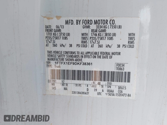 2013 Ford F-150 XL with VIN 1FTFX1EF9DKF38361, listed as a IAAI auction lot 42256805 with 103,311 mi miles and . Bid and sale history available at DreamBid. Image 9.