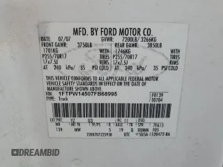 2007 Ford F-150 XLT with VIN 1FTPW14507FB68995, listed as a Copart auction lot 60564275 with 123,978 mi miles and Clean title. Bid and sale history available at DreamBid. Image 12.