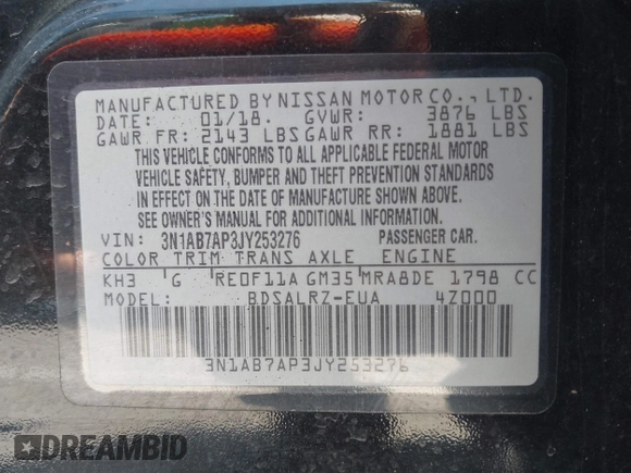 2018 Nissan Sentra SV with VIN 3N1AB7AP3JY253276, listed as a IAAI auction lot 41752840 with 97,460 mi miles and . Bid and sale history available at DreamBid. Image 9.