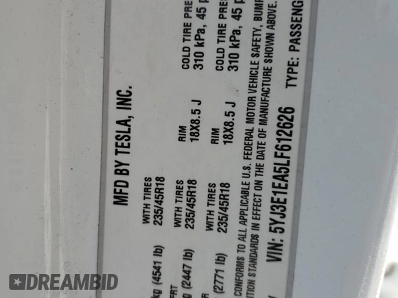 2020 Tesla Model 3 Standard Range Plus with VIN 5YJ3E1EA5LF612626, listed as a Copart auction lot 54421235 with Not Provided miles and Clean Title. Bid and sale history available at DreamBid. Image 13.