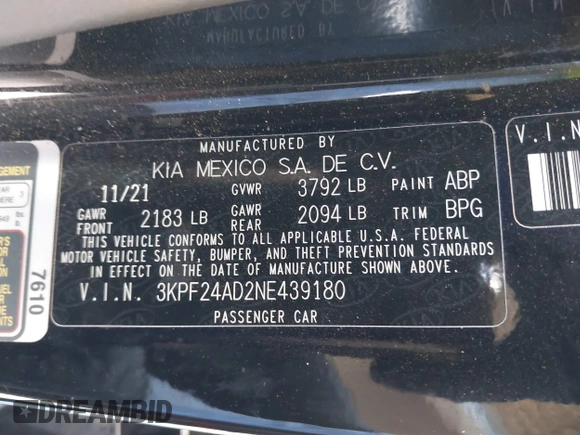 2022 Kia Forte LXS z VIN 3KPF24AD2NE439180, wystawiony jako IAAI lot #41830086 z przebiegiem 39 128 mil mil oraz . Historia ofert i sprzedaży dostępna na DreamBid. Obrazek 9.