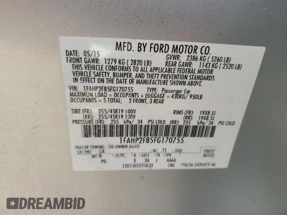 2015 Ford Taurus Limited с VIN 1FAHP2F85FG170755, выставлен на аукционе Copart как лот 87210804 с пробегом 96 982 миль миль и Списание • Salvage title. История ставок и продаж доступна на DreamBid. Изображение 12.