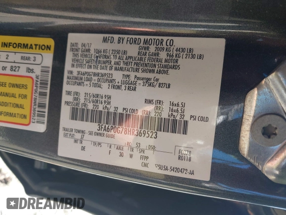2017 Ford Fusion S with VIN 3FA6P0G78HR369523, listed as a IAAI auction lot 41267657 with 127,628 mi miles. Bid and sale history available at carsss.com. Image 9.